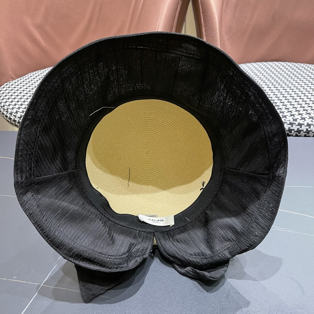  Celine赛琳女夏季蝴蝶结草帽时尚优雅透气黑胶遮阳帽防晒盆帽沙滩帽太阳帽