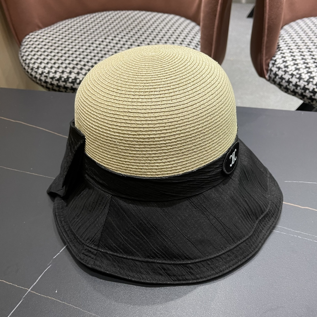  Celine赛琳女夏季蝴蝶结草帽时尚优雅透气黑胶遮阳帽防晒盆帽沙滩帽太阳帽