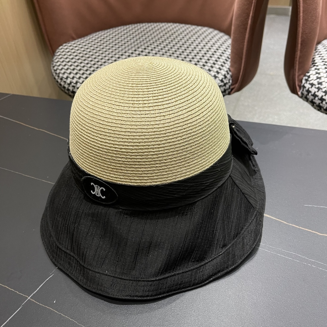  Celine赛琳女夏季蝴蝶结草帽时尚优雅透气黑胶遮阳帽防晒盆帽沙滩帽太阳帽