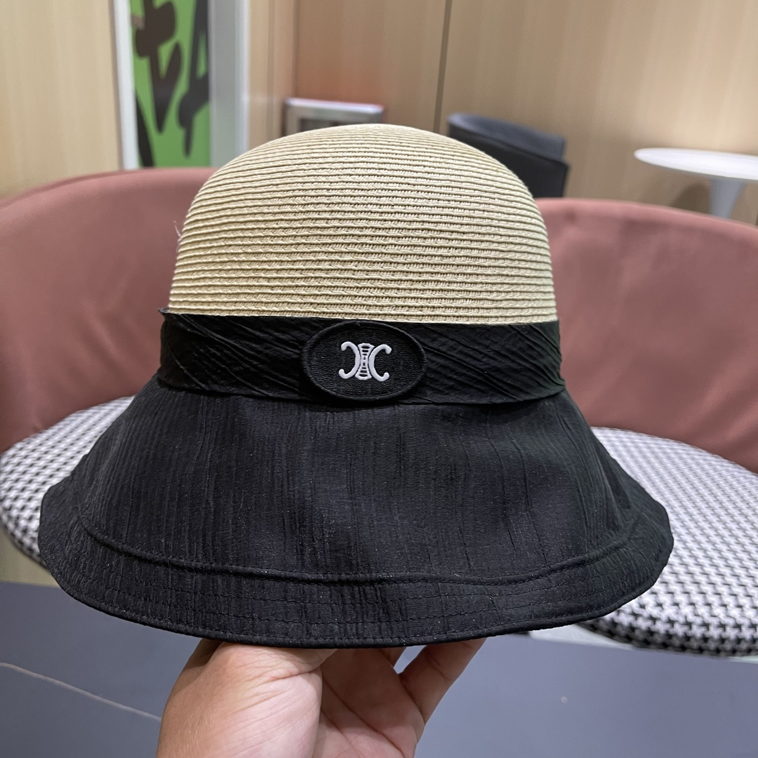  Celine赛琳女夏季蝴蝶结草帽时尚优雅透气黑胶遮阳帽防晒盆帽沙滩帽太阳帽