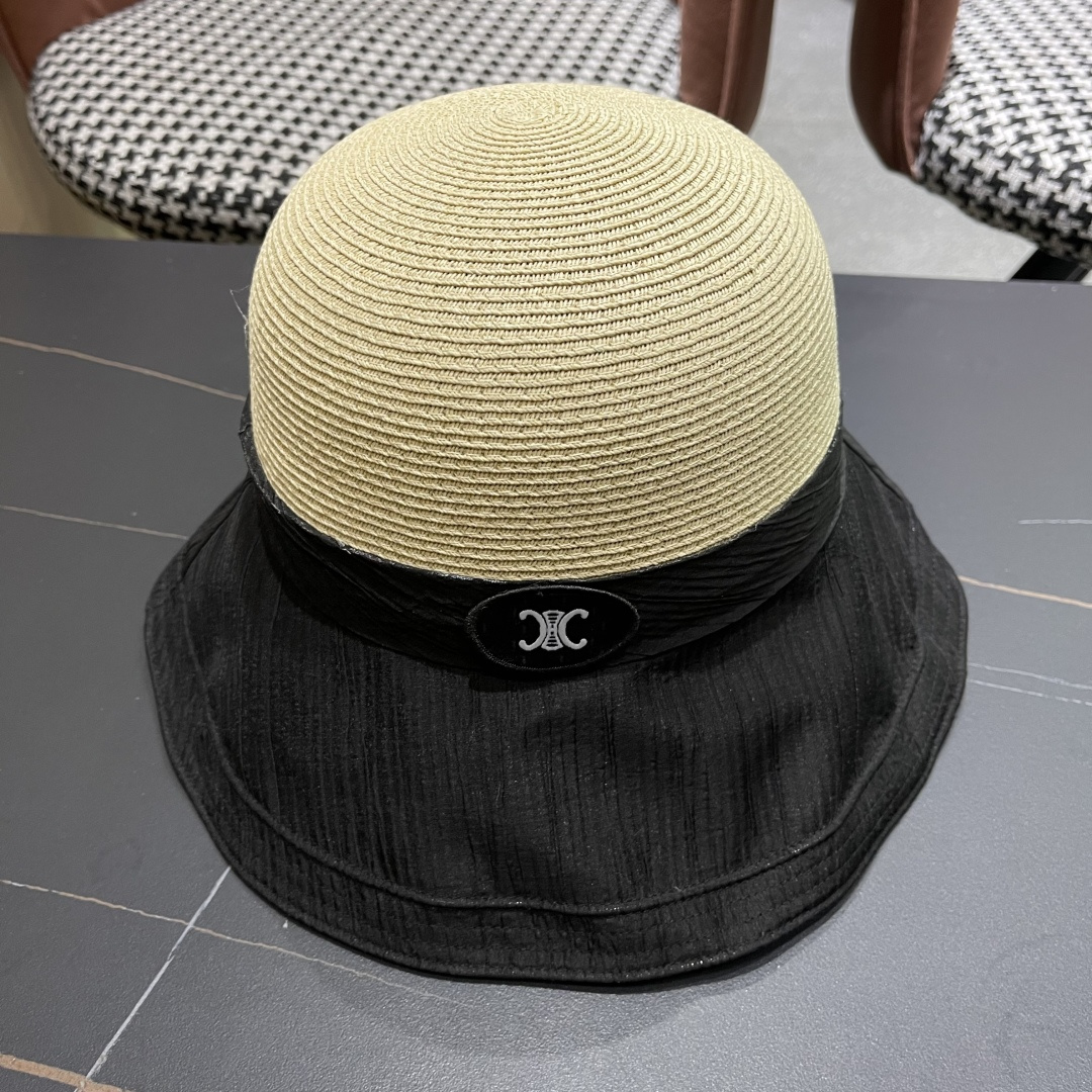  Celine赛琳女夏季蝴蝶结草帽时尚优雅透气黑胶遮阳帽防晒盆帽沙滩帽太阳帽