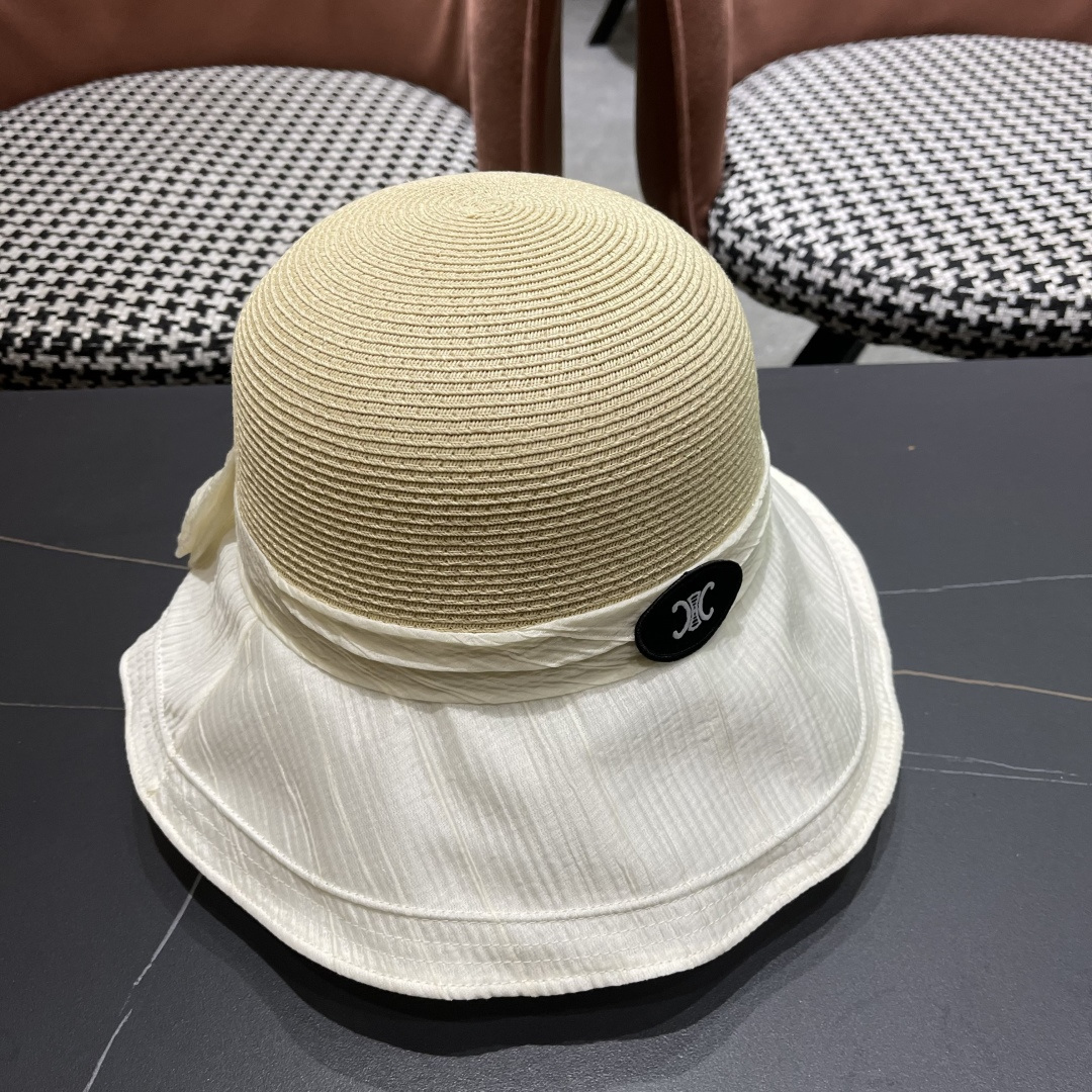 Celine赛琳女夏季蝴蝶结草帽时尚优雅透气黑胶遮阳帽防晒盆帽沙滩帽太阳帽