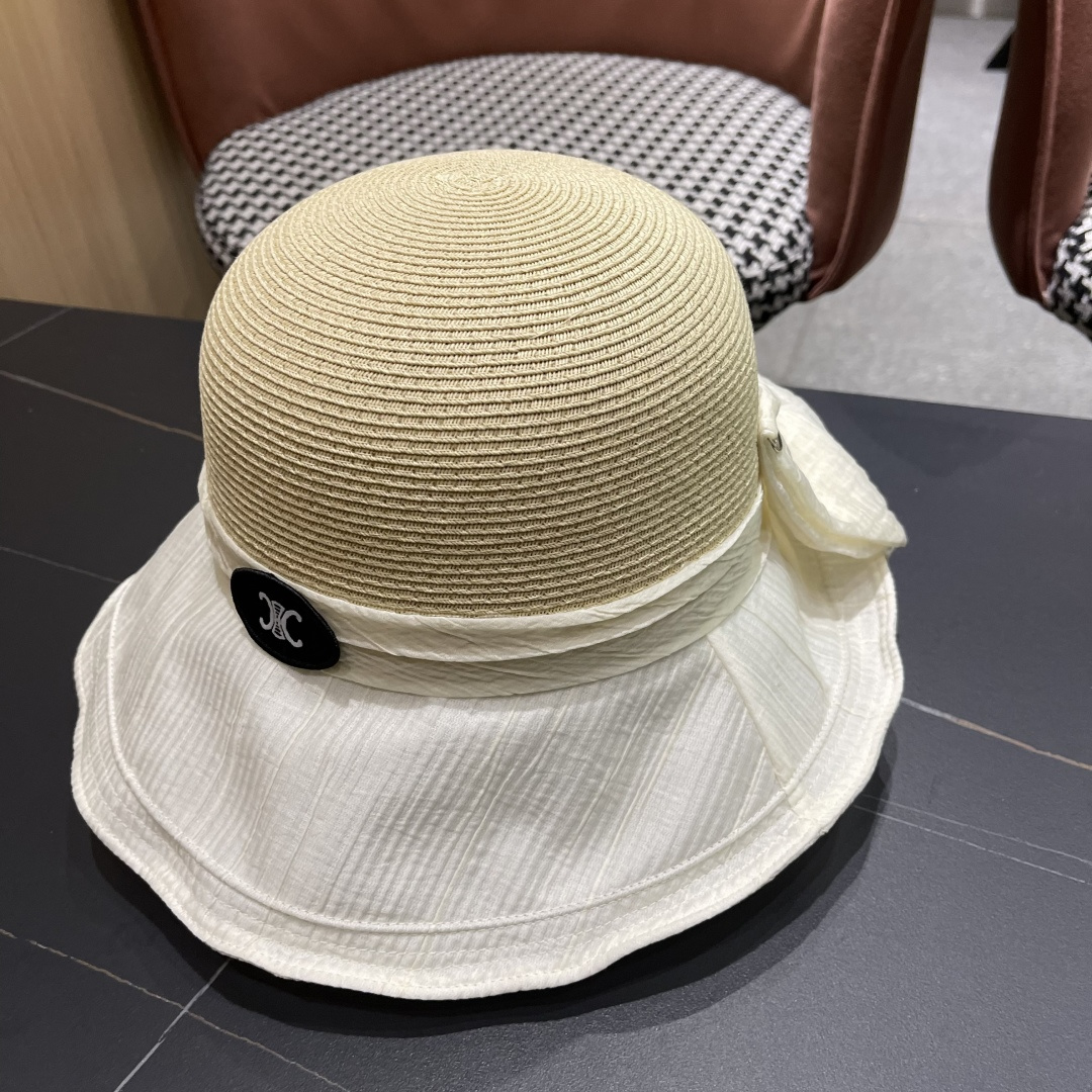  Celine赛琳女夏季蝴蝶结草帽时尚优雅透气黑胶遮阳帽防晒盆帽沙滩帽太阳帽