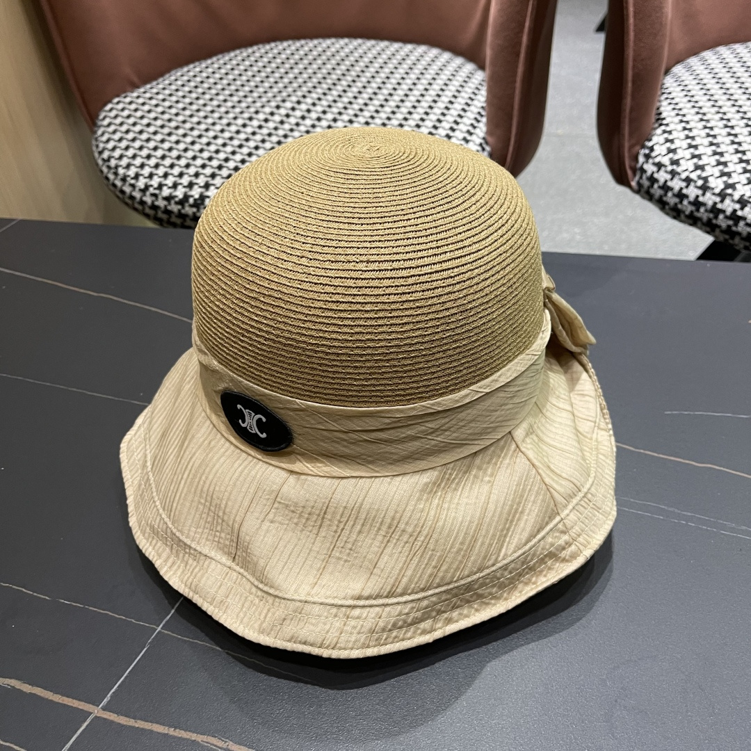  Celine赛琳女夏季蝴蝶结草帽时尚优雅透气黑胶遮阳帽防晒盆帽沙滩帽太阳帽