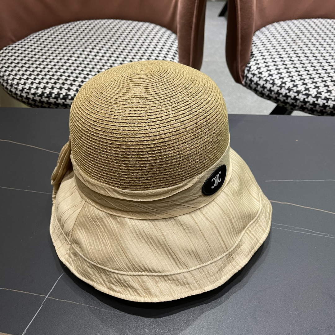  Celine赛琳女夏季蝴蝶结草帽时尚优雅透气黑胶遮阳帽防晒盆帽沙滩帽太阳帽