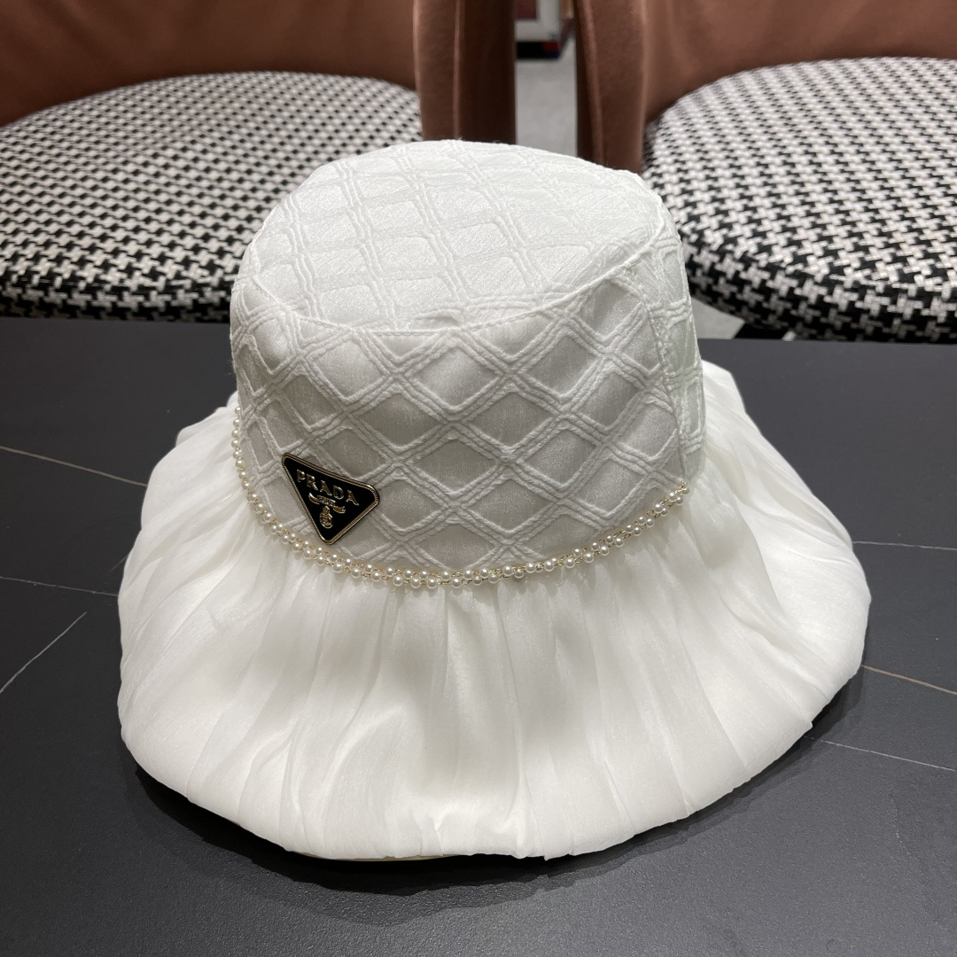  普拉达Prada韩版薄纱渔夫帽女款春夏出游优雅百搭可折叠防晒遮阳帽