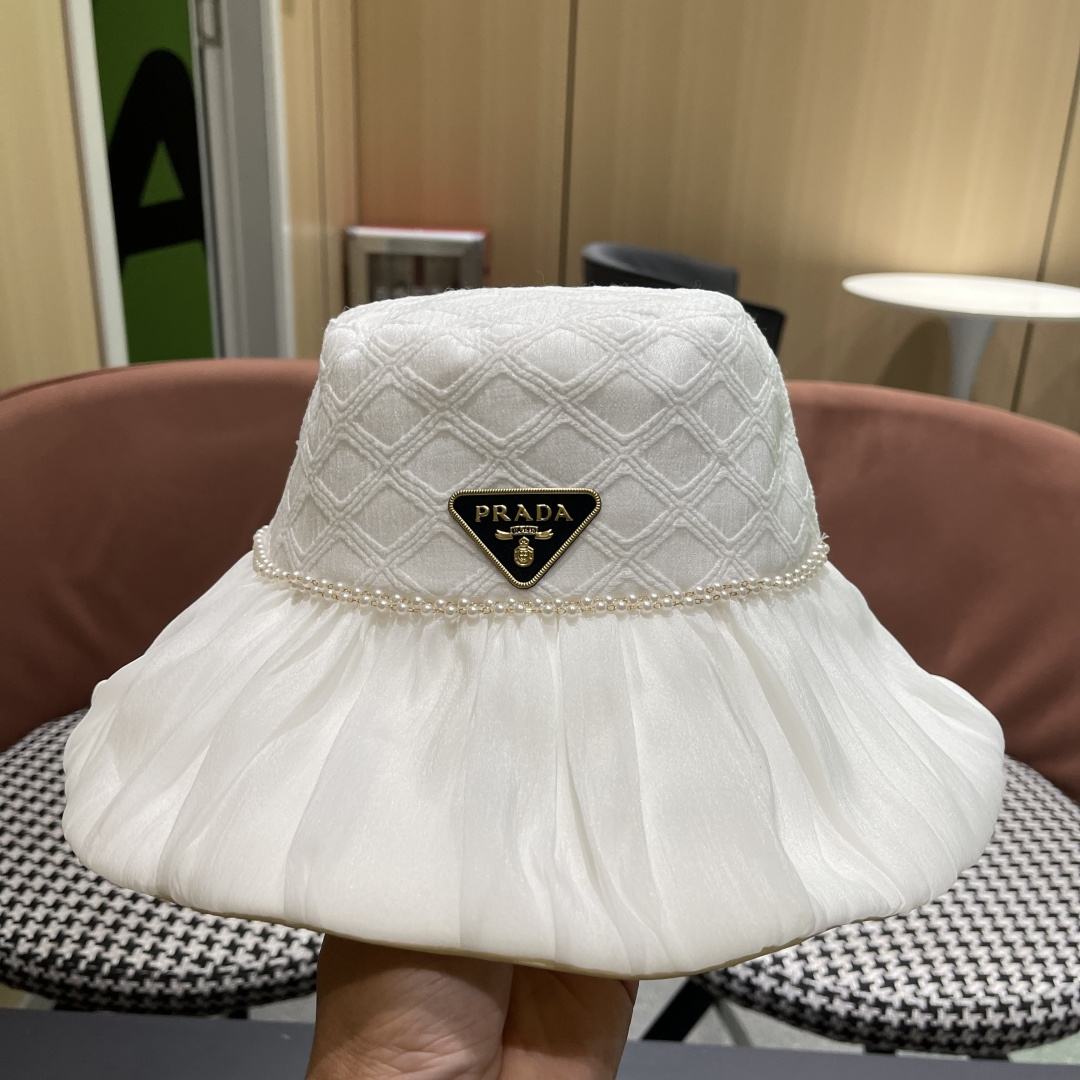 普拉达Prada韩版薄纱渔夫帽女款春夏出游优雅百搭可折叠防晒遮阳帽