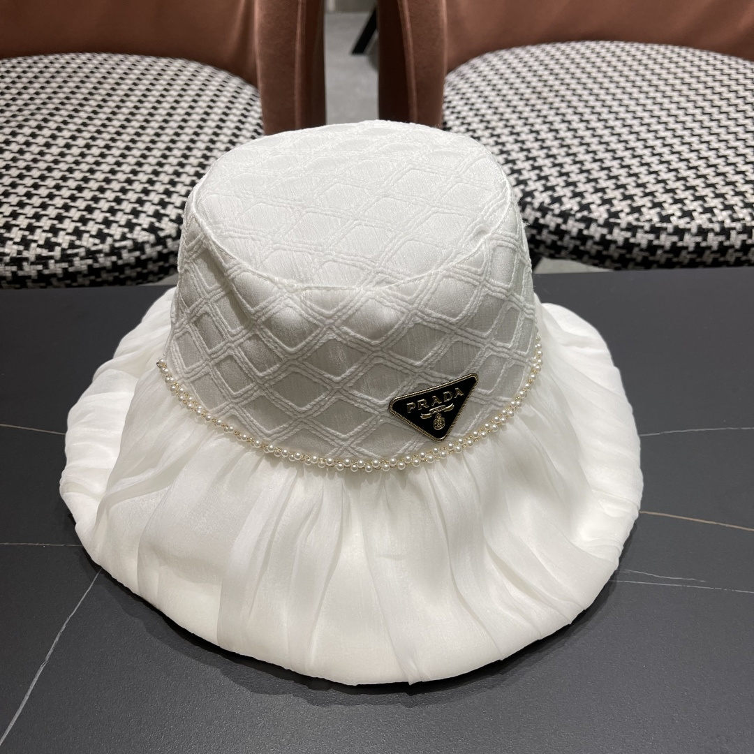  普拉达Prada韩版薄纱渔夫帽女款春夏出游优雅百搭可折叠防晒遮阳帽