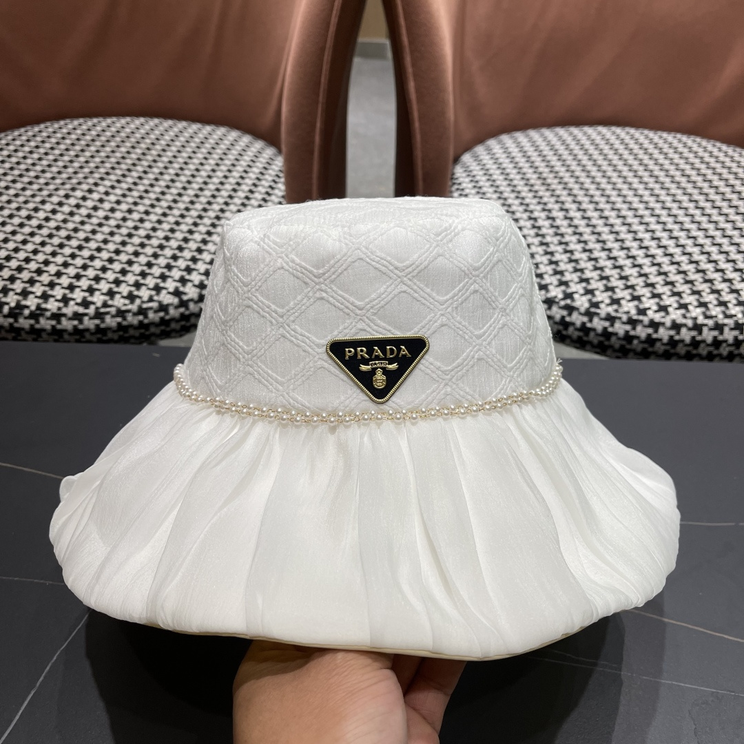  普拉达Prada韩版薄纱渔夫帽女款春夏出游优雅百搭可折叠防晒遮阳帽