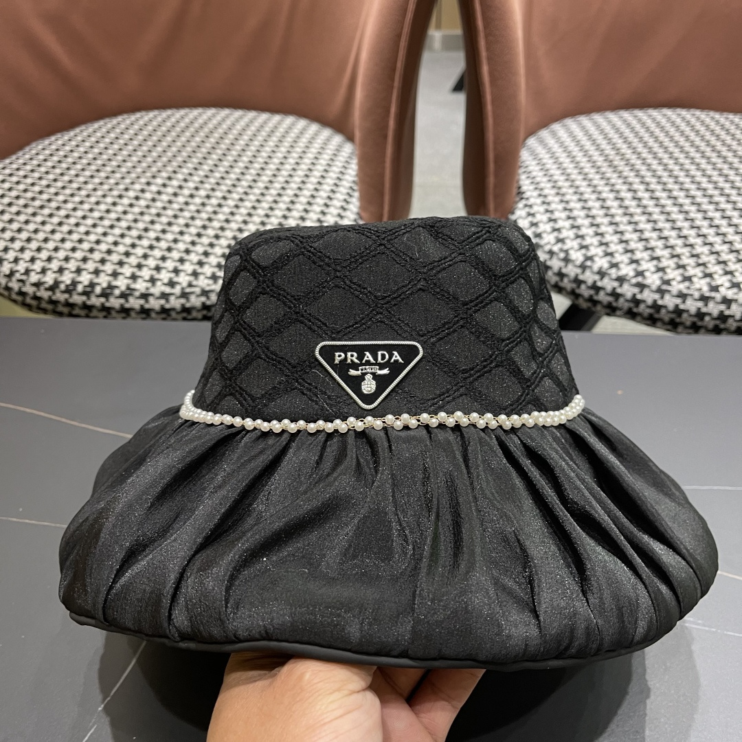  普拉达Prada韩版薄纱渔夫帽女款春夏出游优雅百搭可折叠防晒遮阳帽