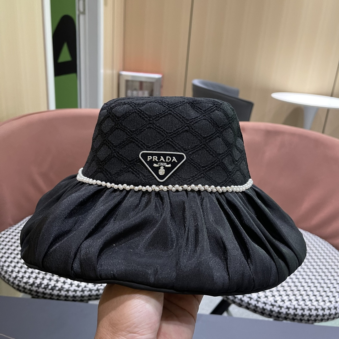  普拉达Prada韩版薄纱渔夫帽女款春夏出游优雅百搭可折叠防晒遮阳帽