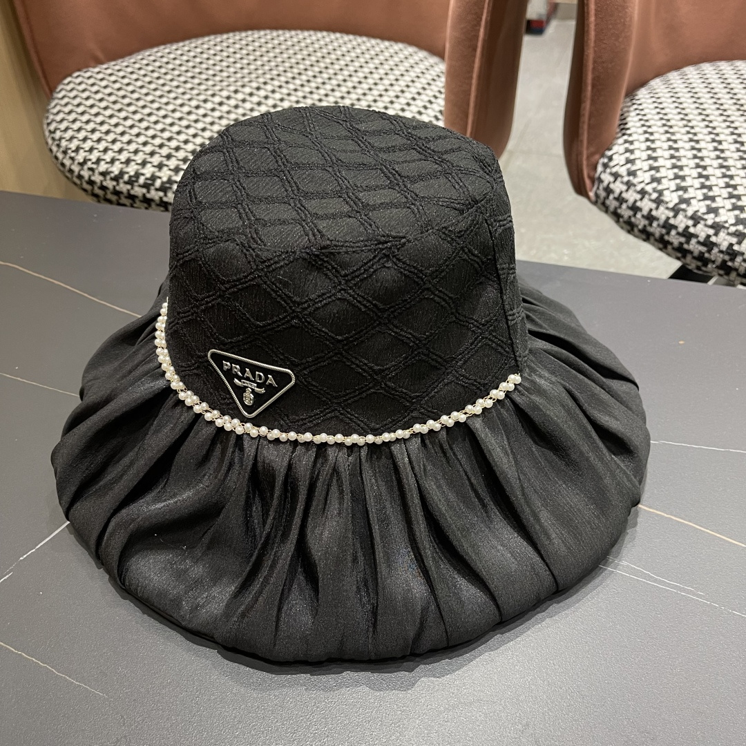  普拉达Prada韩版薄纱渔夫帽女款春夏出游优雅百搭可折叠防晒遮阳帽