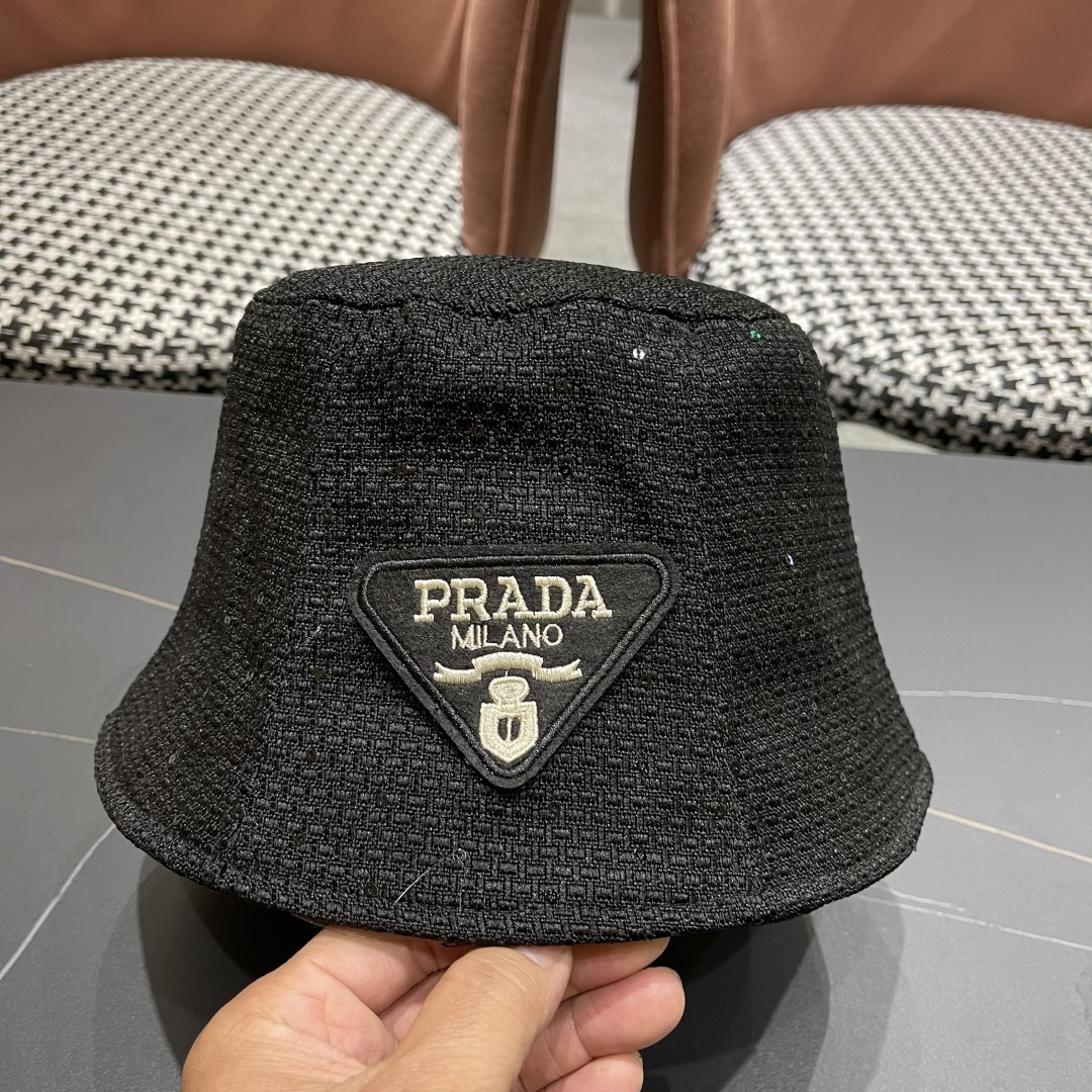  普拉达Prada帽子女渔夫帽春夏韩版百搭纯色韩国东大门代购简约休闲水桶帽