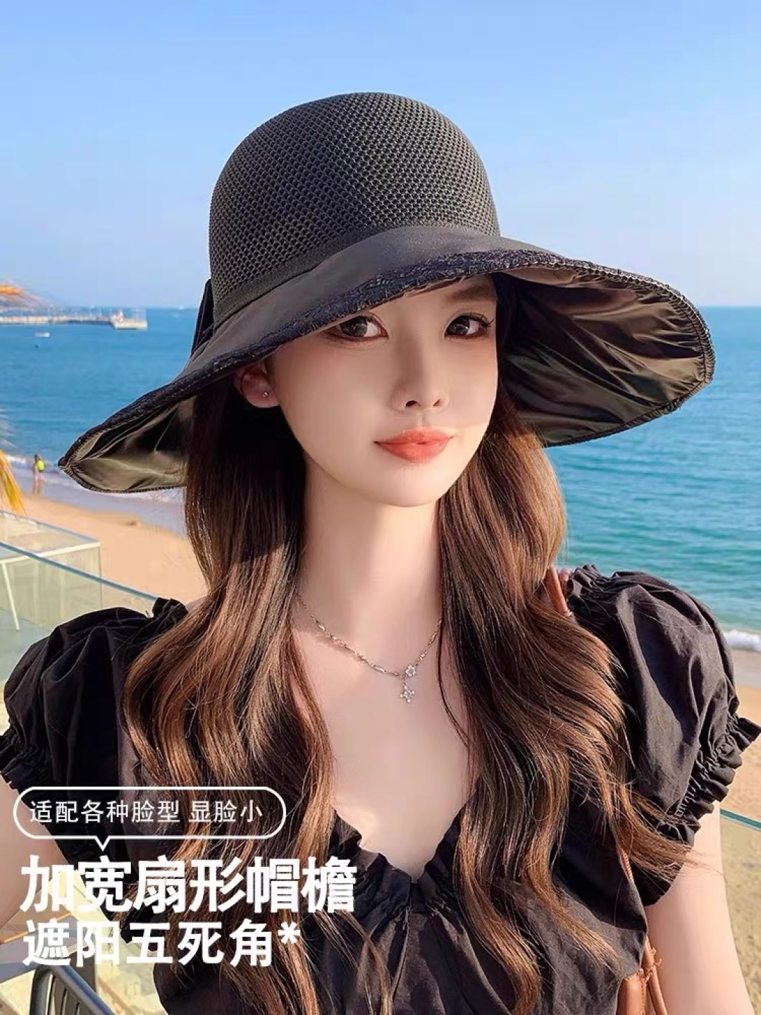  迪奥Dior韩版新款帽子女蕾丝花边蝴蝶结彩胶遮阳帽夏季针织网眼太阳帽
