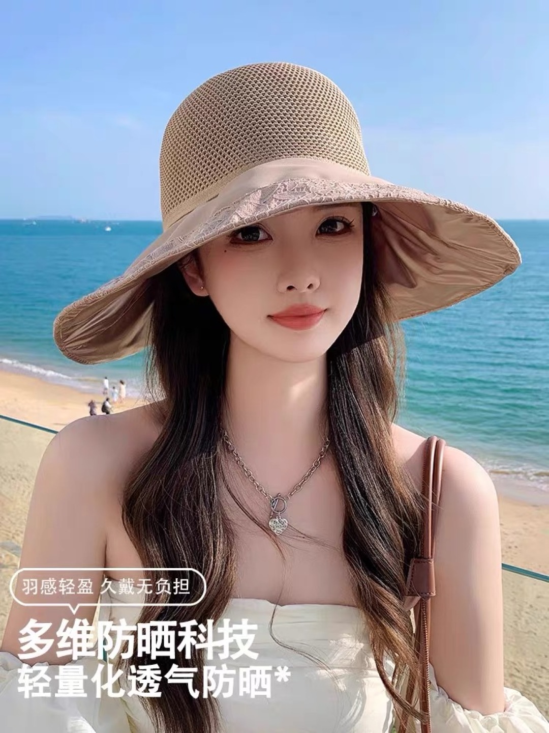  迪奥Dior韩版新款帽子女蕾丝花边蝴蝶结彩胶遮阳帽夏季针织网眼太阳帽
