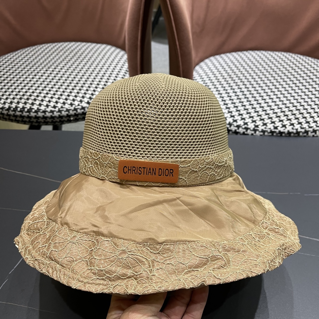  迪奥Dior韩版新款帽子女蕾丝花边蝴蝶结彩胶遮阳帽夏季针织网眼太阳帽
