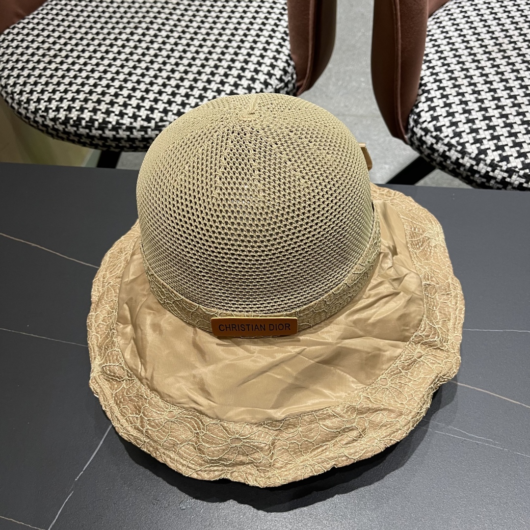  迪奥Dior韩版新款帽子女蕾丝花边蝴蝶结彩胶遮阳帽夏季针织网眼太阳帽
