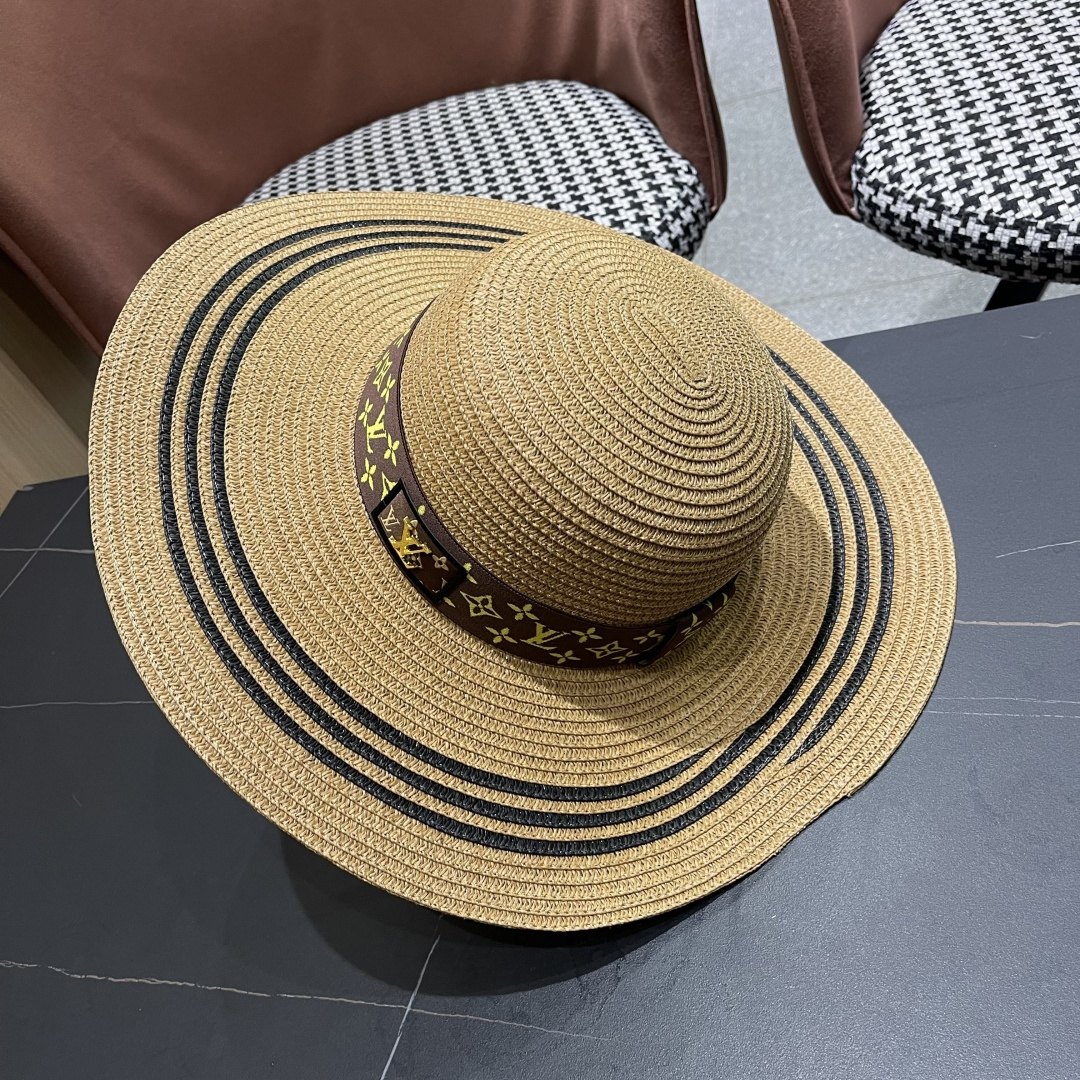 路易威登lv 法式赫本风帽子条纹大帽檐草帽女夏海边沙滩遮阳帽