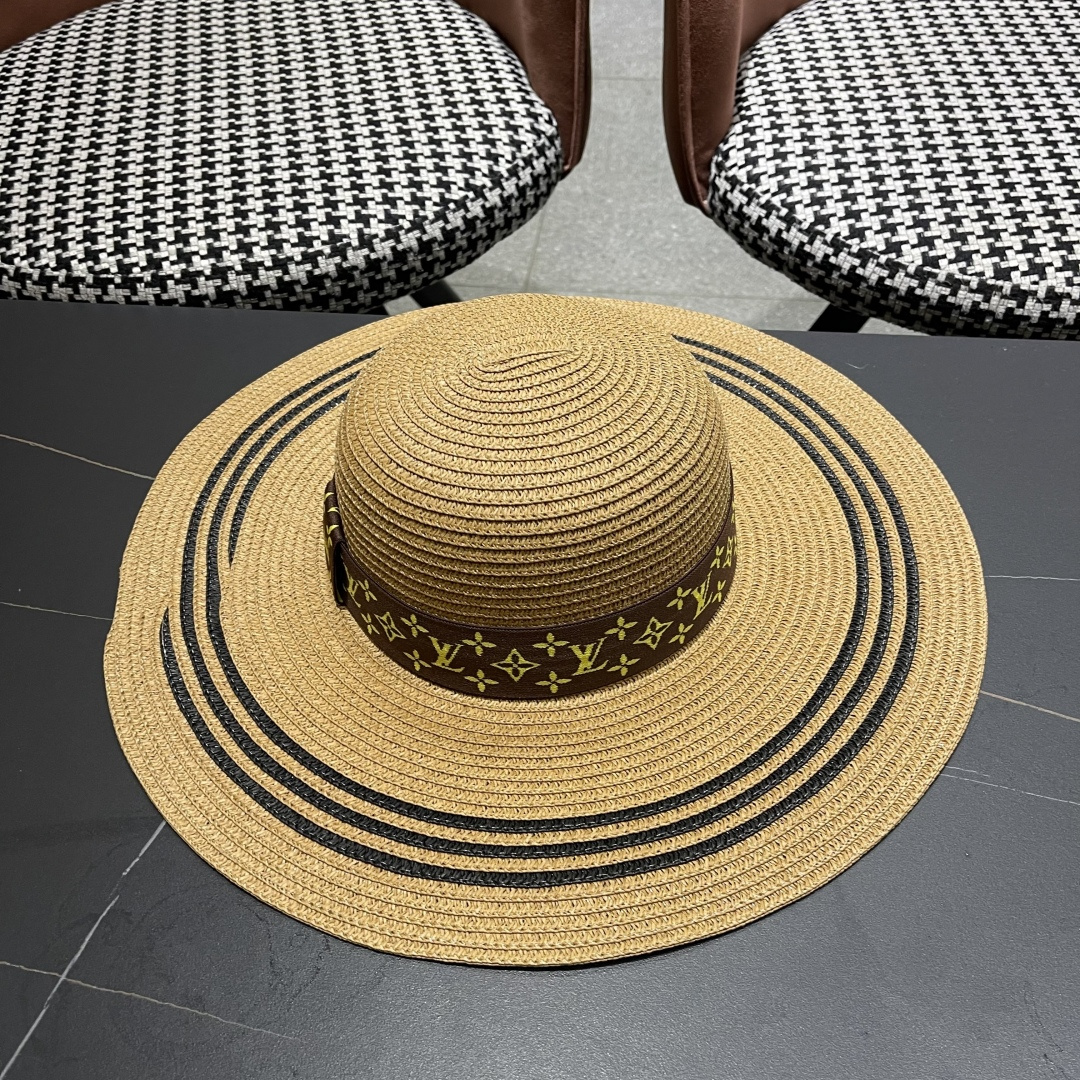 路易威登lv 法式赫本风帽子条纹大帽檐草帽女夏海边沙滩遮阳帽