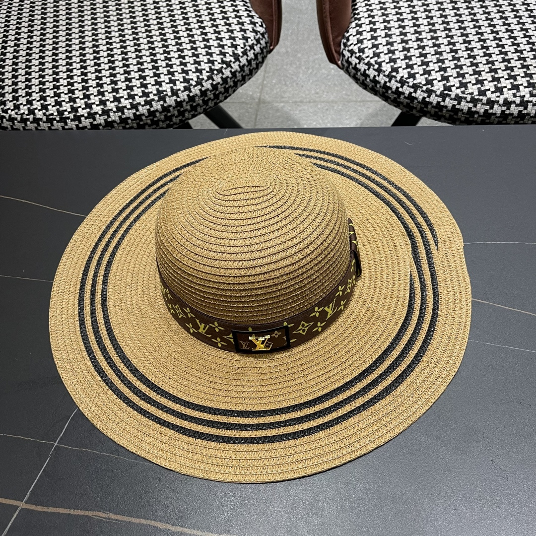  路易威登lv 法式赫本风帽子条纹大帽檐草帽女夏海边沙滩遮阳帽