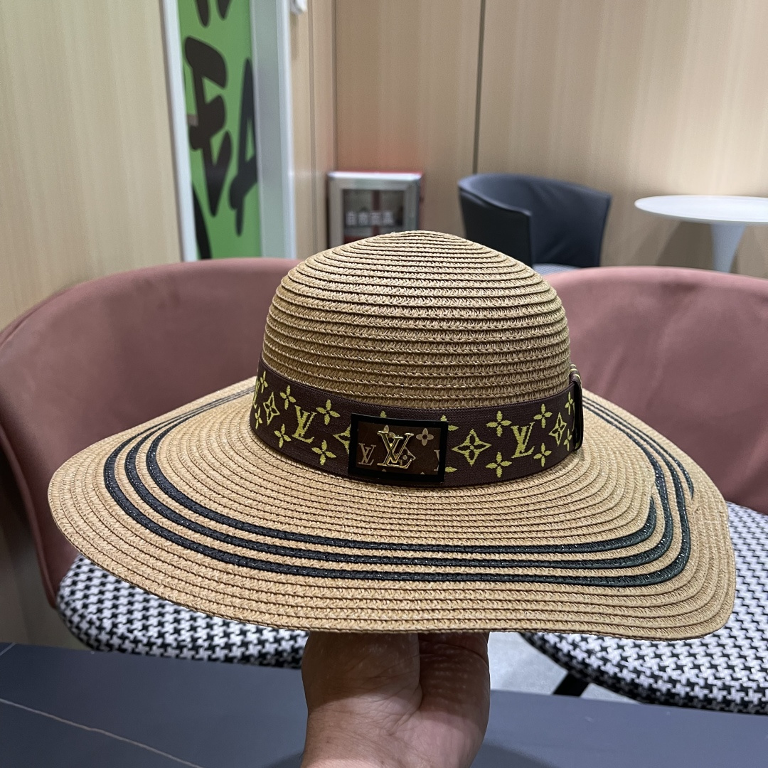  路易威登lv 法式赫本风帽子条纹大帽檐草帽女夏海边沙滩遮阳帽