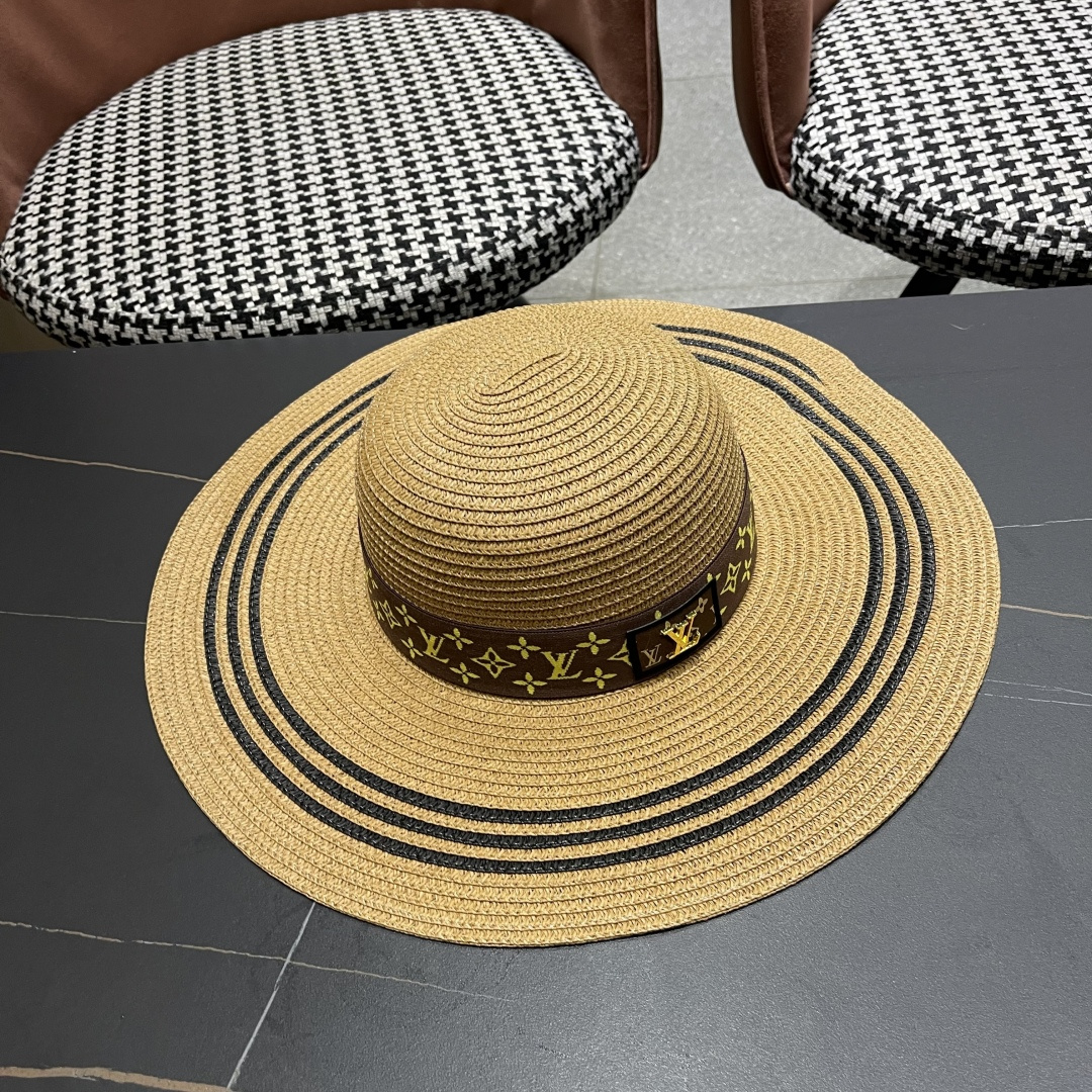  路易威登lv 法式赫本风帽子条纹大帽檐草帽女夏海边沙滩遮阳帽