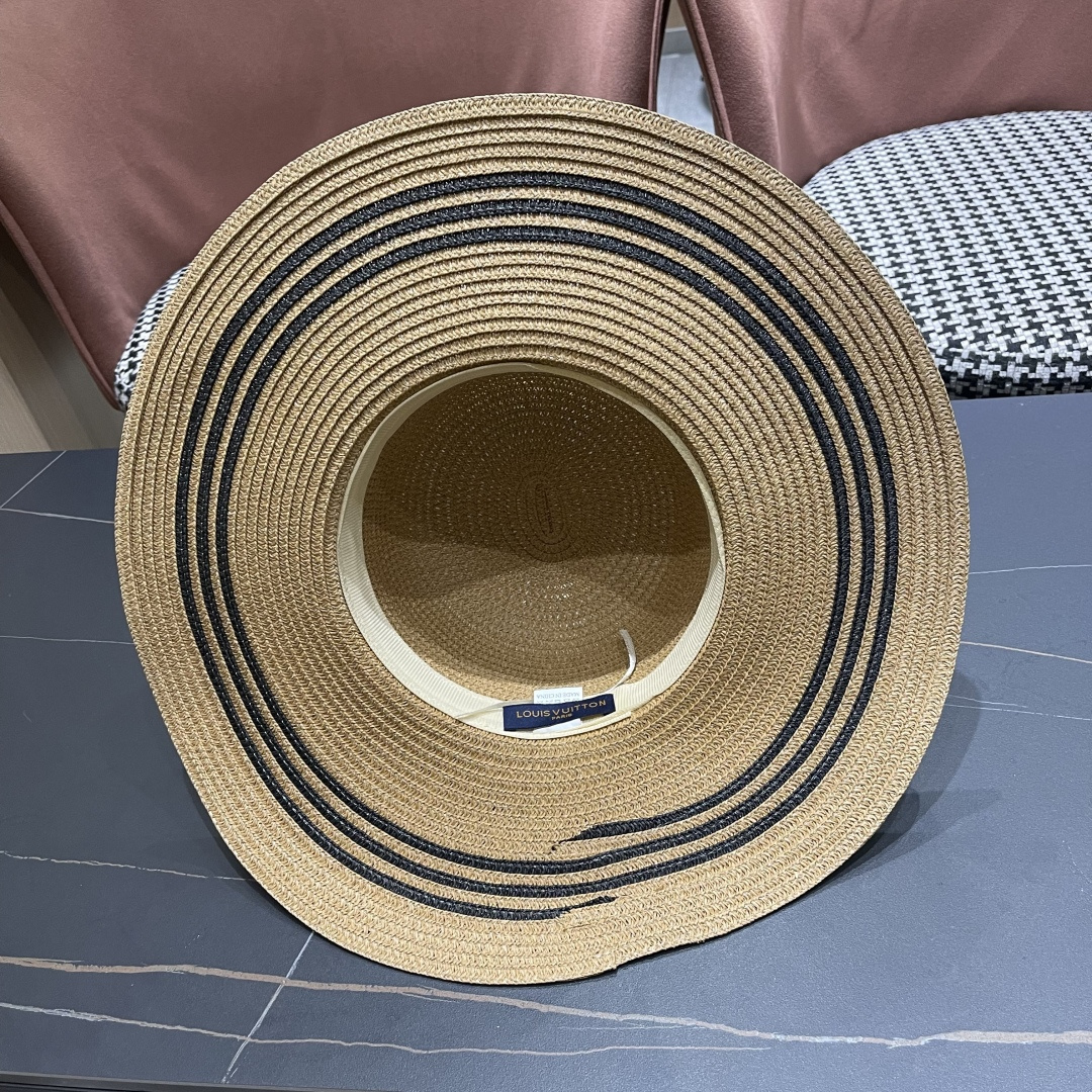  路易威登lv 法式赫本风帽子条纹大帽檐草帽女夏海边沙滩遮阳帽