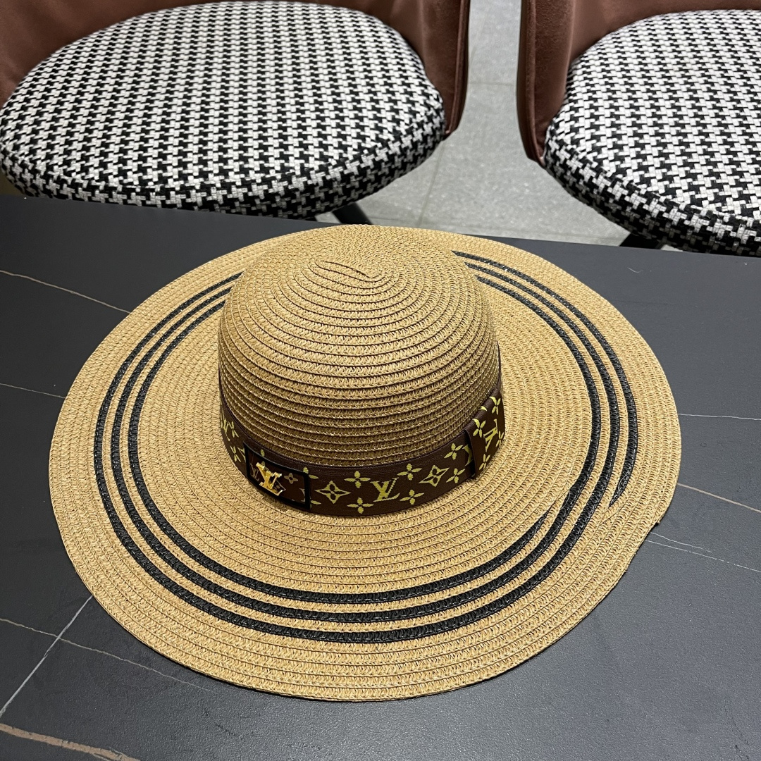  路易威登lv 法式赫本风帽子条纹大帽檐草帽女夏海边沙滩遮阳帽