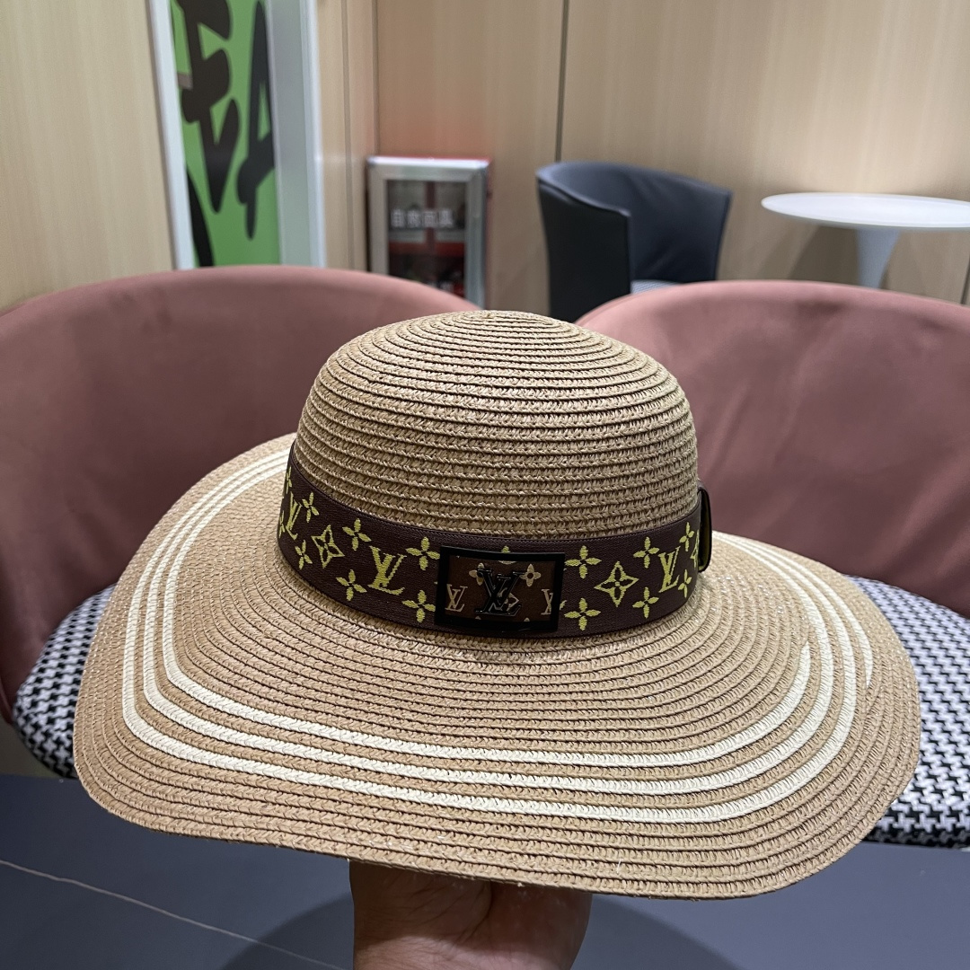  路易威登lv 法式赫本风帽子条纹大帽檐草帽女夏海边沙滩遮阳帽