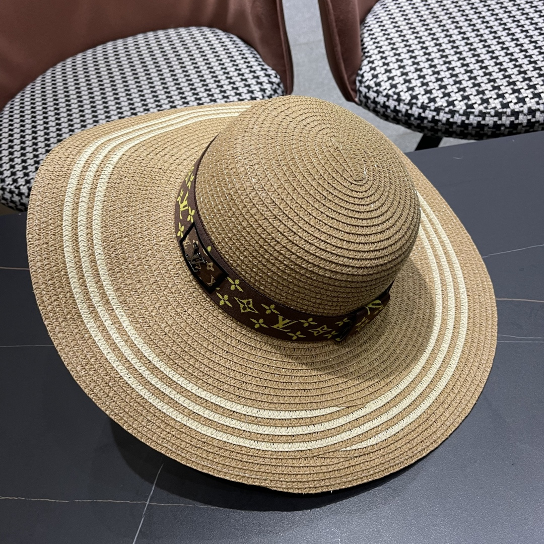  路易威登lv 法式赫本风帽子条纹大帽檐草帽女夏海边沙滩遮阳帽