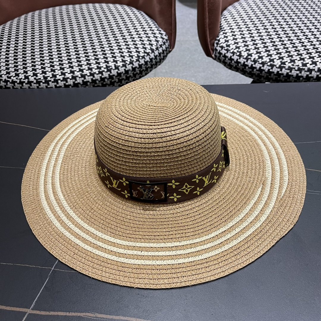  路易威登lv 法式赫本风帽子条纹大帽檐草帽女夏海边沙滩遮阳帽