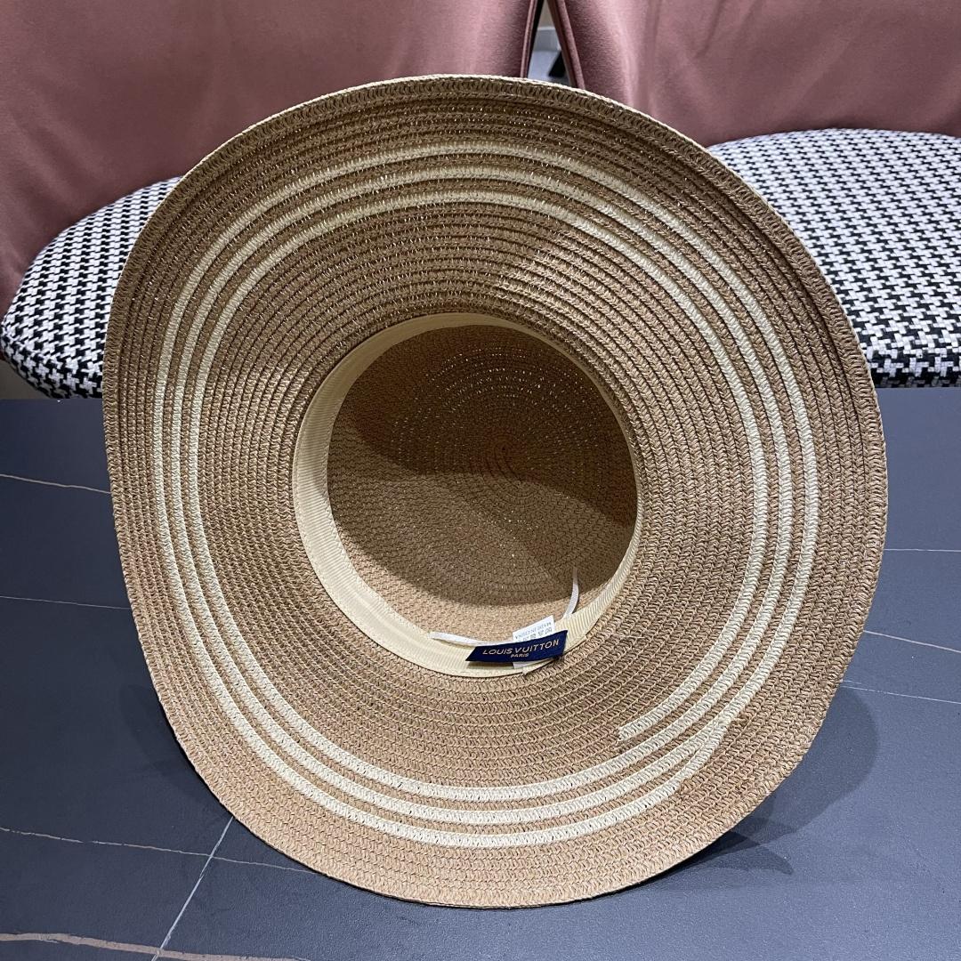  路易威登lv 法式赫本风帽子条纹大帽檐草帽女夏海边沙滩遮阳帽