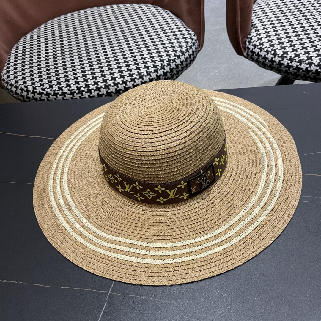  路易威登lv 法式赫本风帽子条纹大帽檐草帽女夏海边沙滩遮阳帽