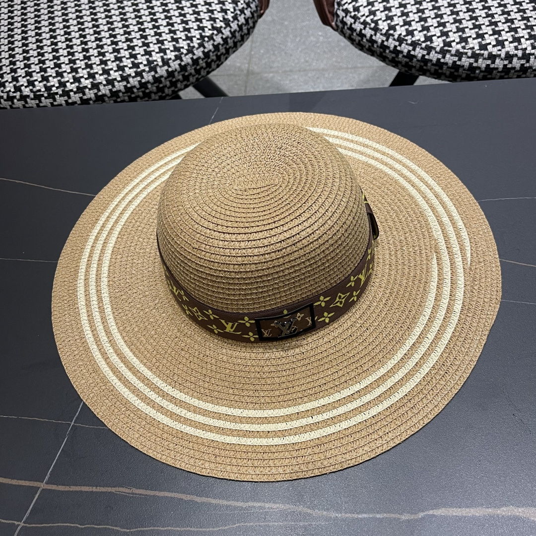  路易威登lv 法式赫本风帽子条纹大帽檐草帽女夏海边沙滩遮阳帽