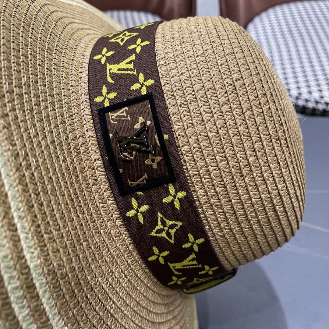  路易威登lv 法式赫本风帽子条纹大帽檐草帽女夏海边沙滩遮阳帽