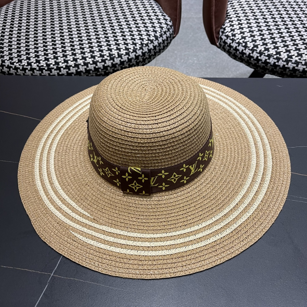  路易威登lv 法式赫本风帽子条纹大帽檐草帽女夏海边沙滩遮阳帽