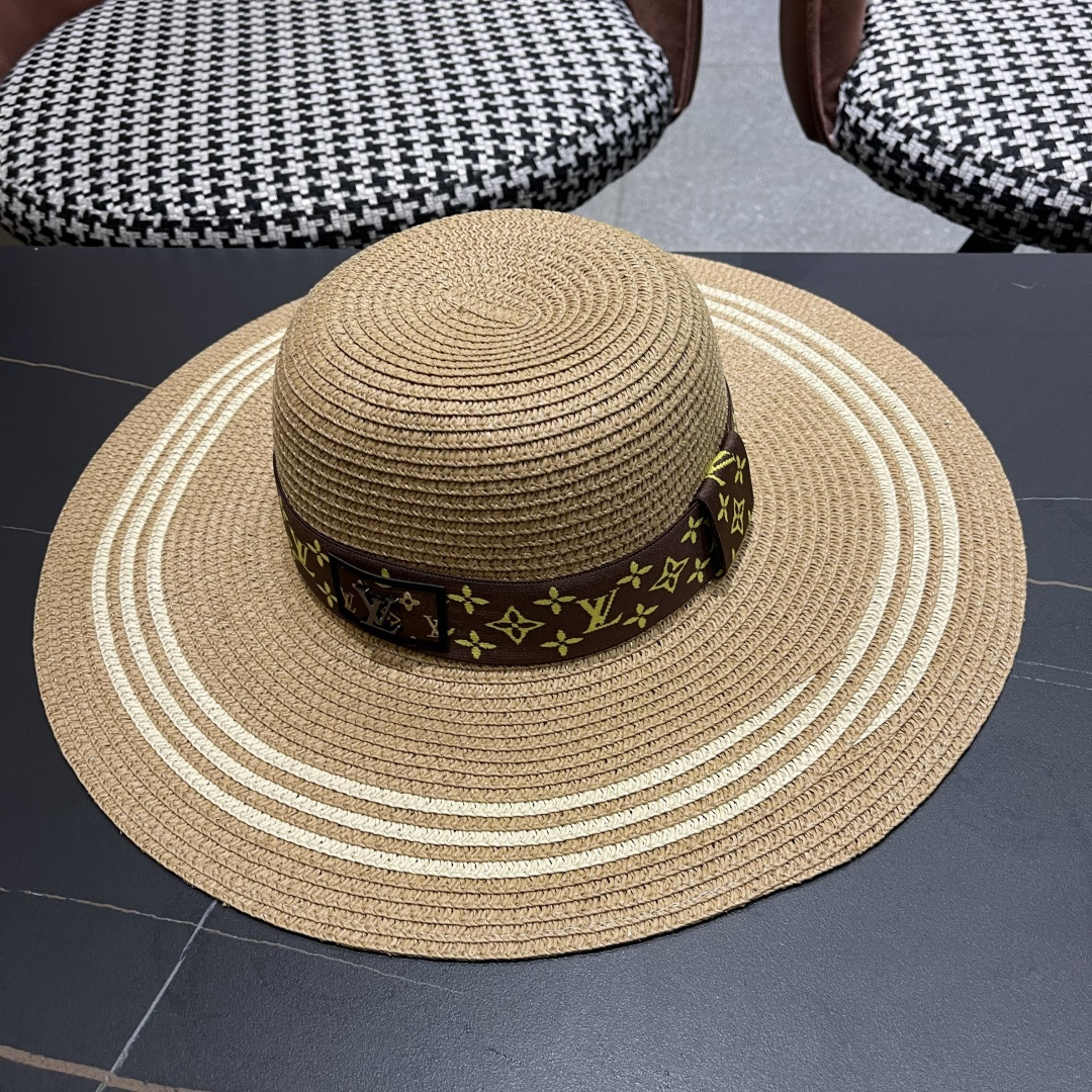  路易威登lv 法式赫本风帽子条纹大帽檐草帽女夏海边沙滩遮阳帽