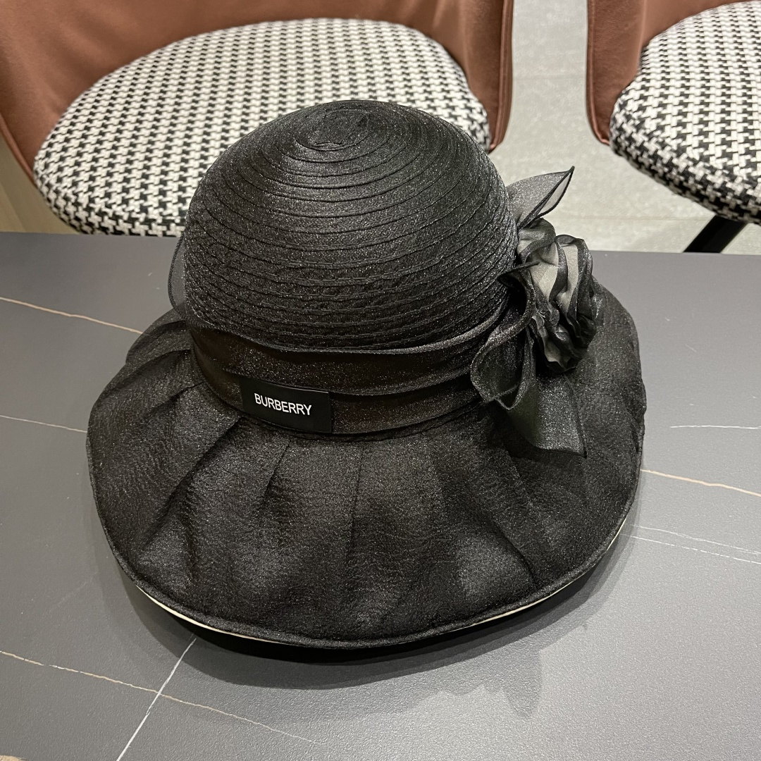 巴宝莉Burberry2026新款小众遮阳帽女沙滩渔夫帽欧根纱花朵 妈妈太阳帽防晒盆帽