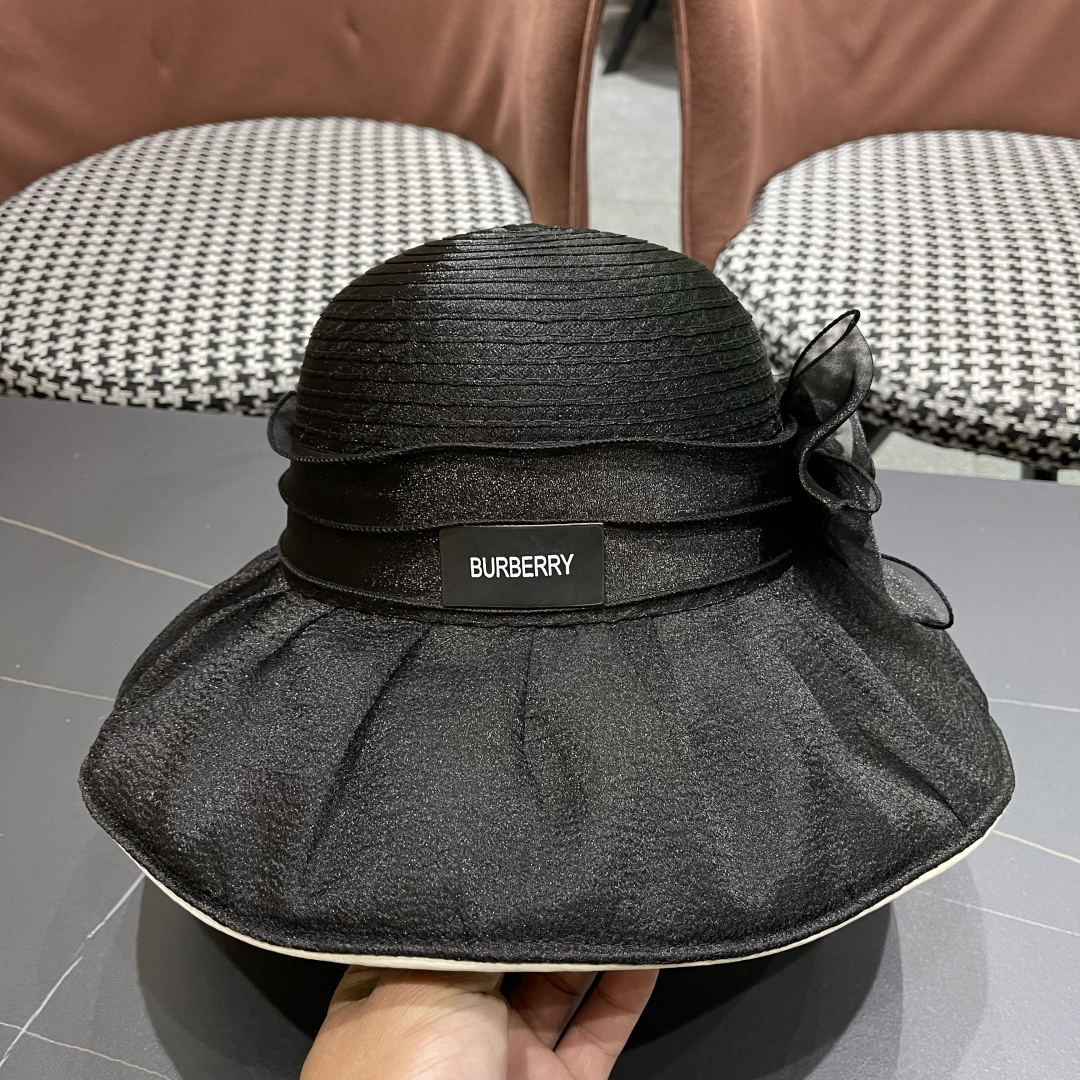 巴宝莉Burberry2026新款小众遮阳帽女沙滩渔夫帽欧根纱花朵 妈妈太阳帽防晒盆帽