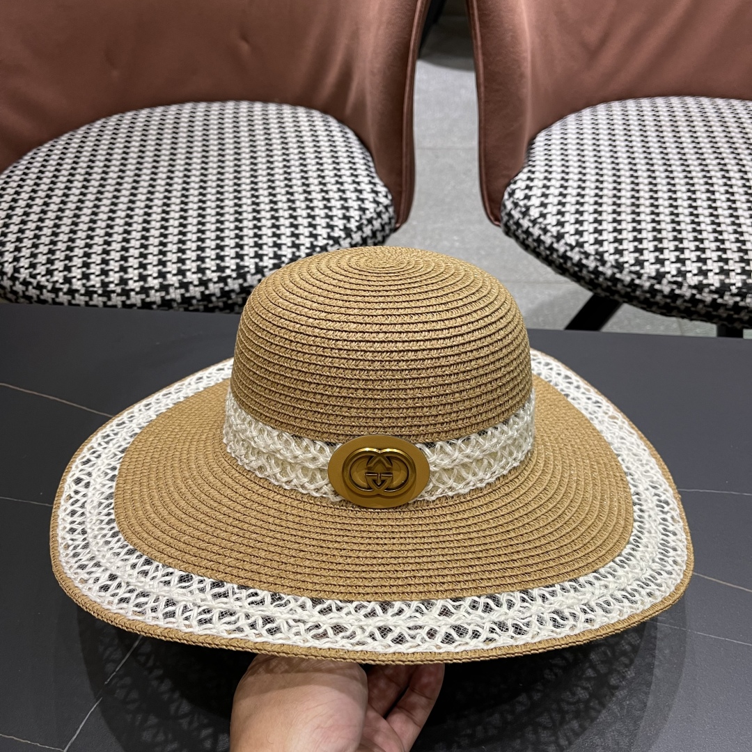  Gucci古奇2025新款大檐拼包大草帽，名媛风遮阳帽，，旅游出街必备