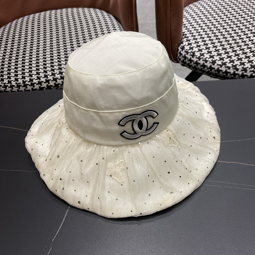 香奈儿CHANEL 朵澜大帽檐黑胶防晒帽女夏时尚百搭显脸小渔夫帽出游海边太阳帽子