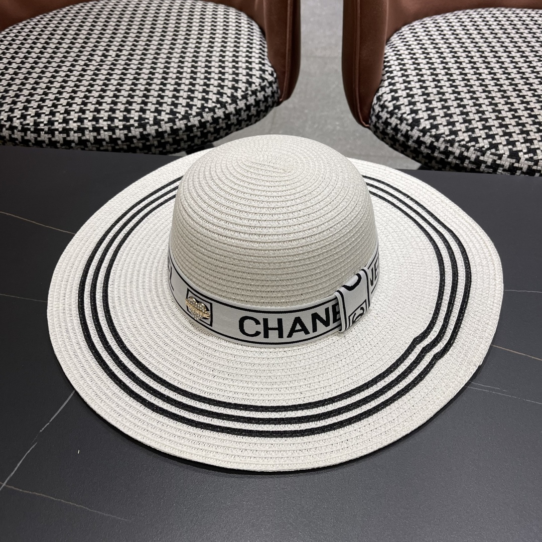 【CHANEL香奈儿】2025新款草编大檐拼色织带款编织草帽，优雅大方的一款