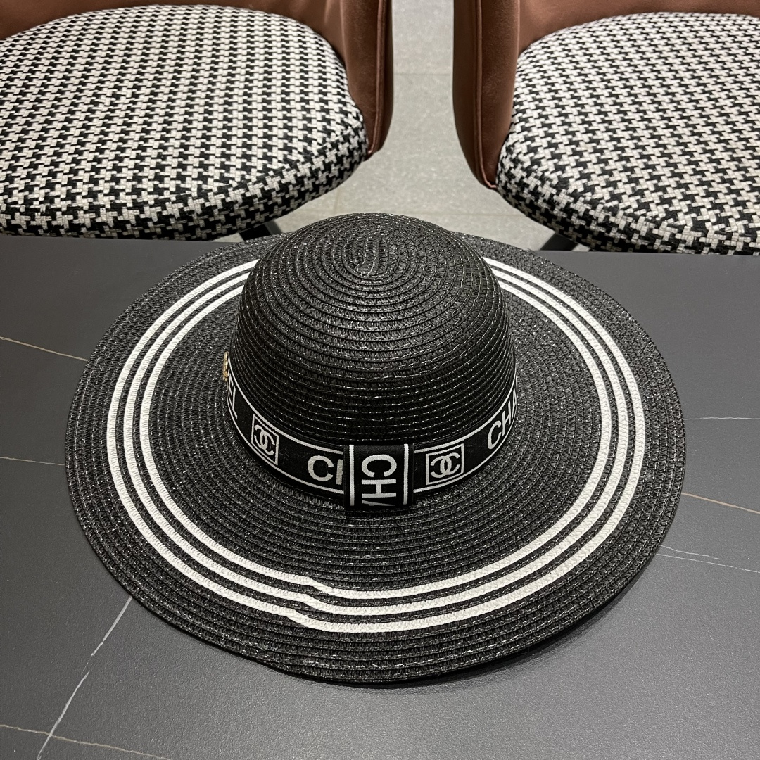 【CHANEL香奈儿】2025新款草编大檐拼色织带款编织草帽，优雅大方的一款