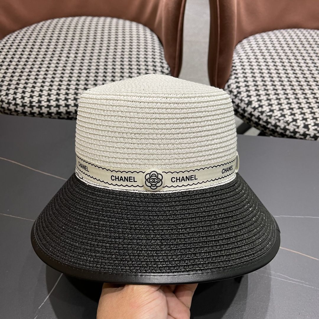  💛【CHANEL香奈儿】2025新款小香风密织度假风盆帽水桶拼色草帽，出街旅行单品