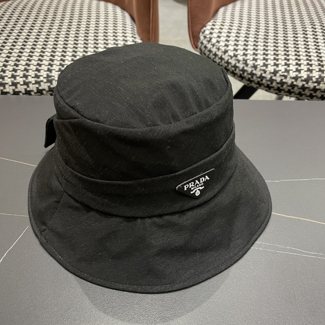 PRADA普拉达韩版2025新款纯色蝴蝶结渔夫帽子女春季时尚百搭防紫外线日系盆帽
