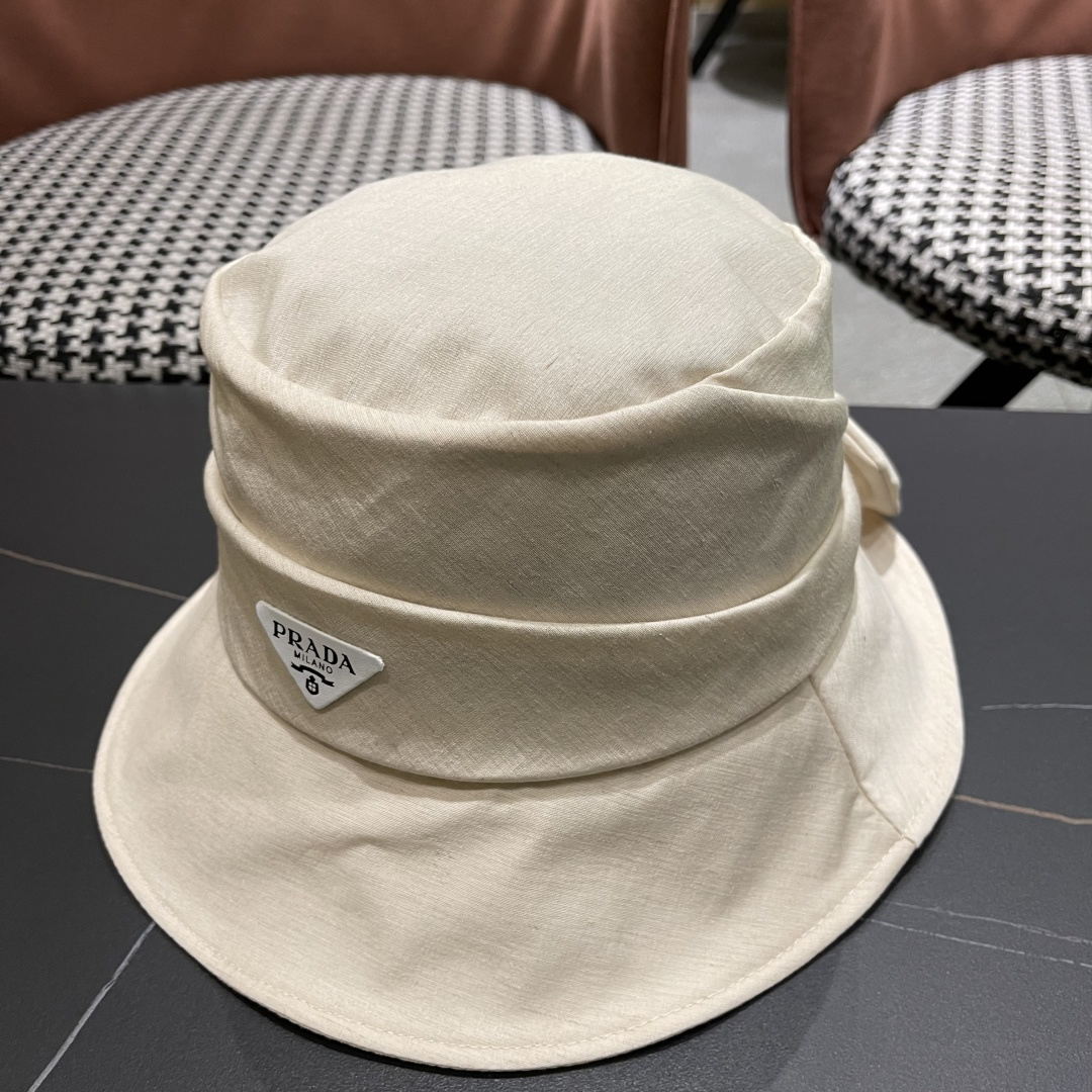 PRADA普拉达韩版2025新款纯色蝴蝶结渔夫帽子女春季时尚百搭防紫外线日系盆帽