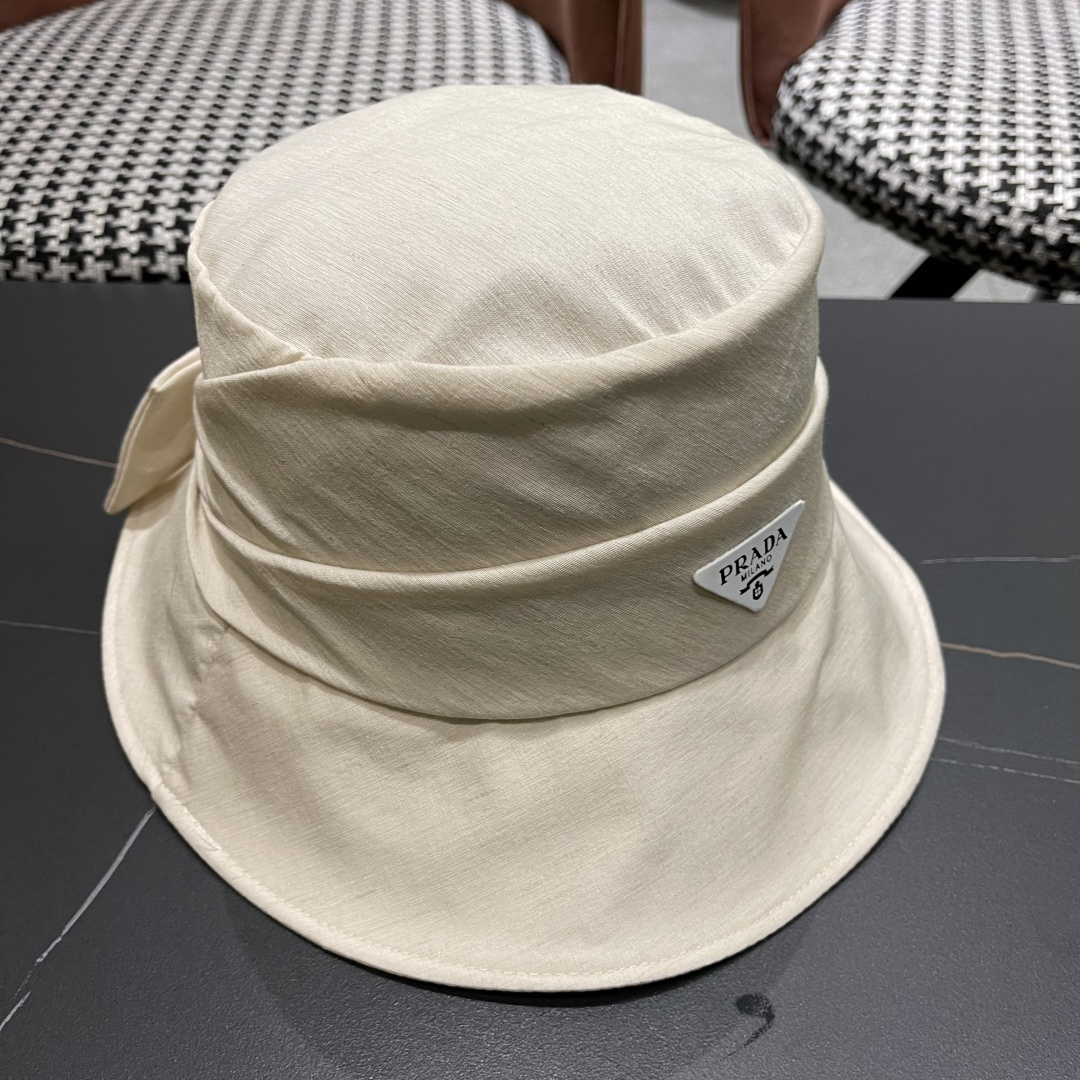 PRADA普拉达韩版2025新款纯色蝴蝶结渔夫帽子女春季时尚百搭防紫外线日系盆帽