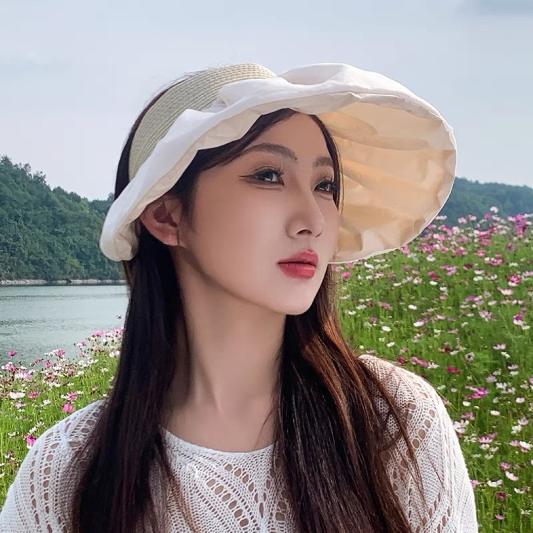 PRADA普拉达夏季新款大檐空顶帽子女出游度假海边可折叠遮阳帽防紫外线太阳帽