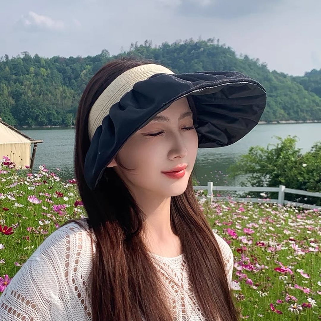 PRADA普拉达夏季新款大檐空顶帽子女出游度假海边可折叠遮阳帽防紫外线太阳帽