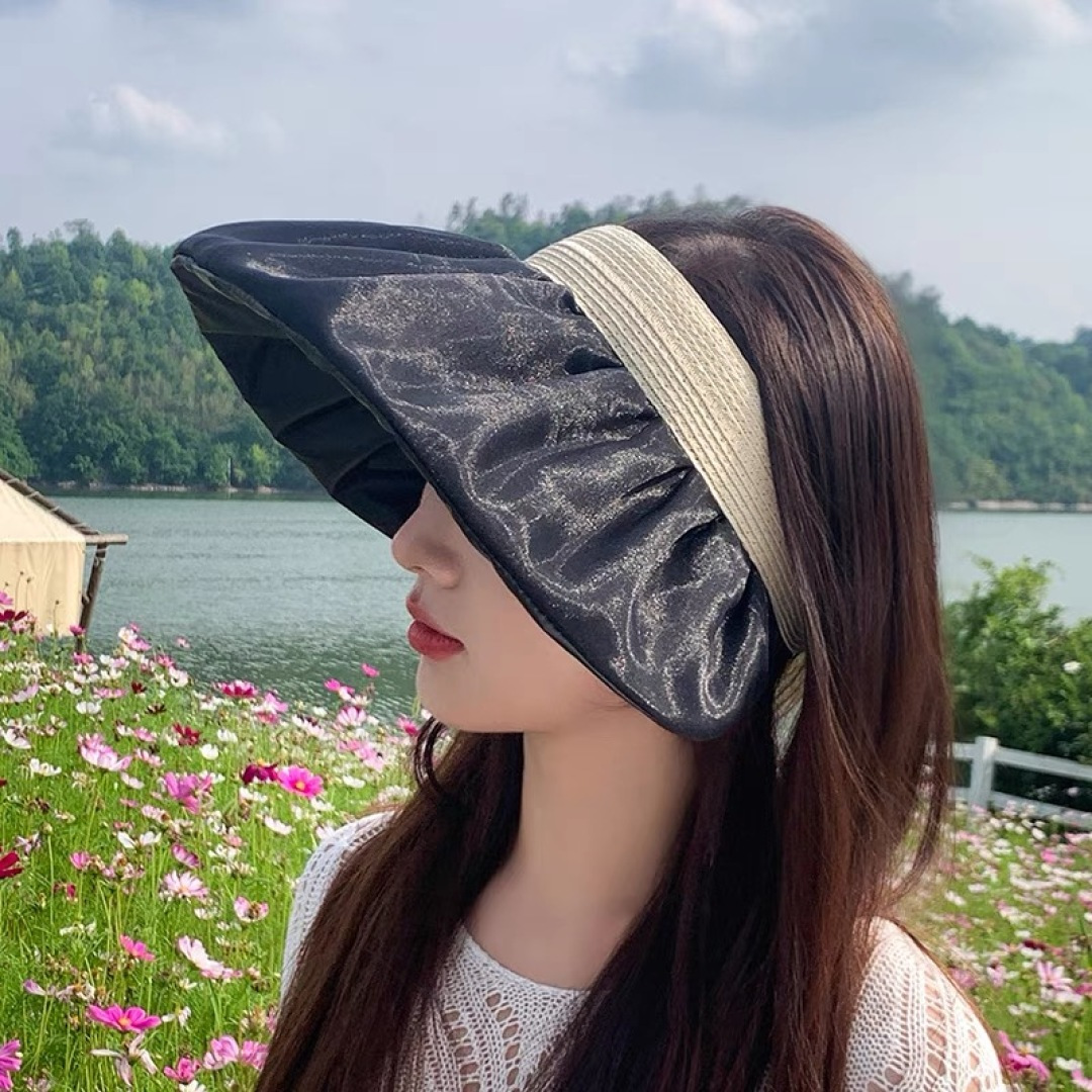 PRADA普拉达夏季新款大檐空顶帽子女出游度假海边可折叠遮阳帽防紫外线太阳帽